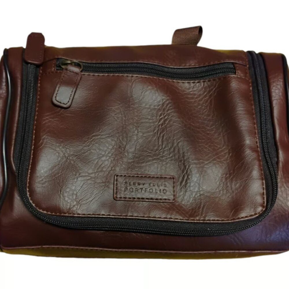 Perry Ellis Brown Leather Mens Toiletry Bag Travel Bag EUC